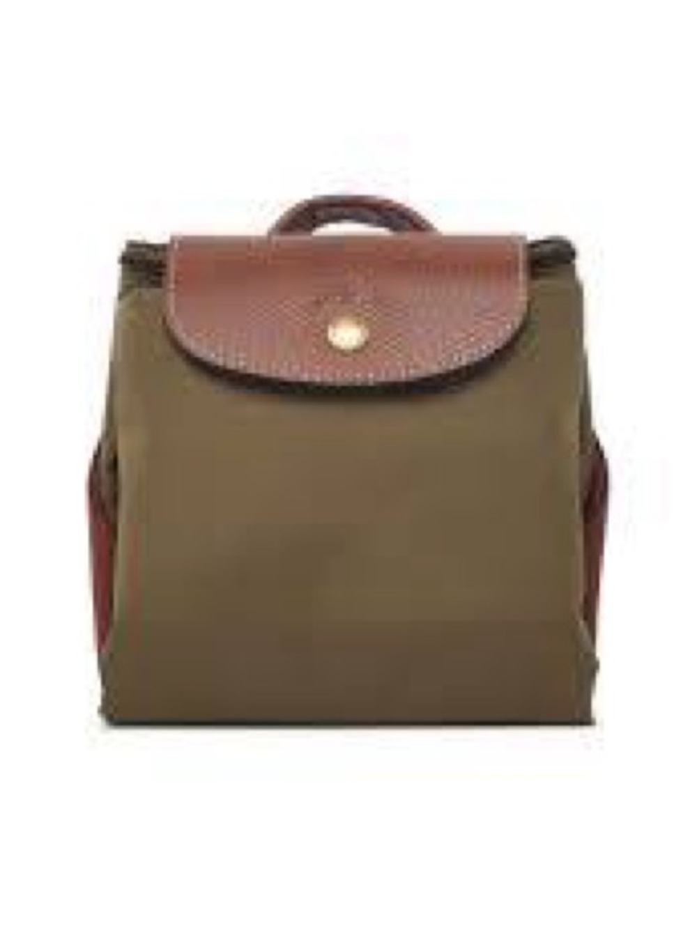 Longchamp Olive Canvas Backpack with Brown Leather Trim and Gold Snap